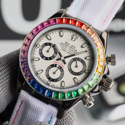 ROLEX Daytona 43MM Quartz Movement Stainless Steel Case Canvas Bracelet White Watch